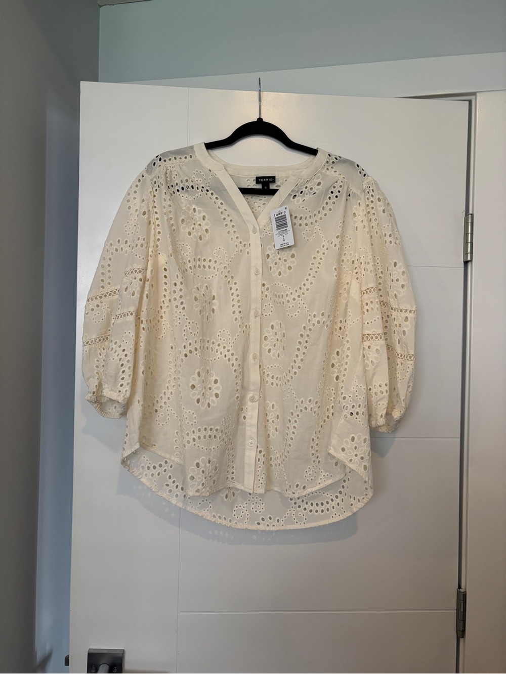 Torrid Cotton Eyelet Button Fromt Ruffle Neck Blouse Whisper White